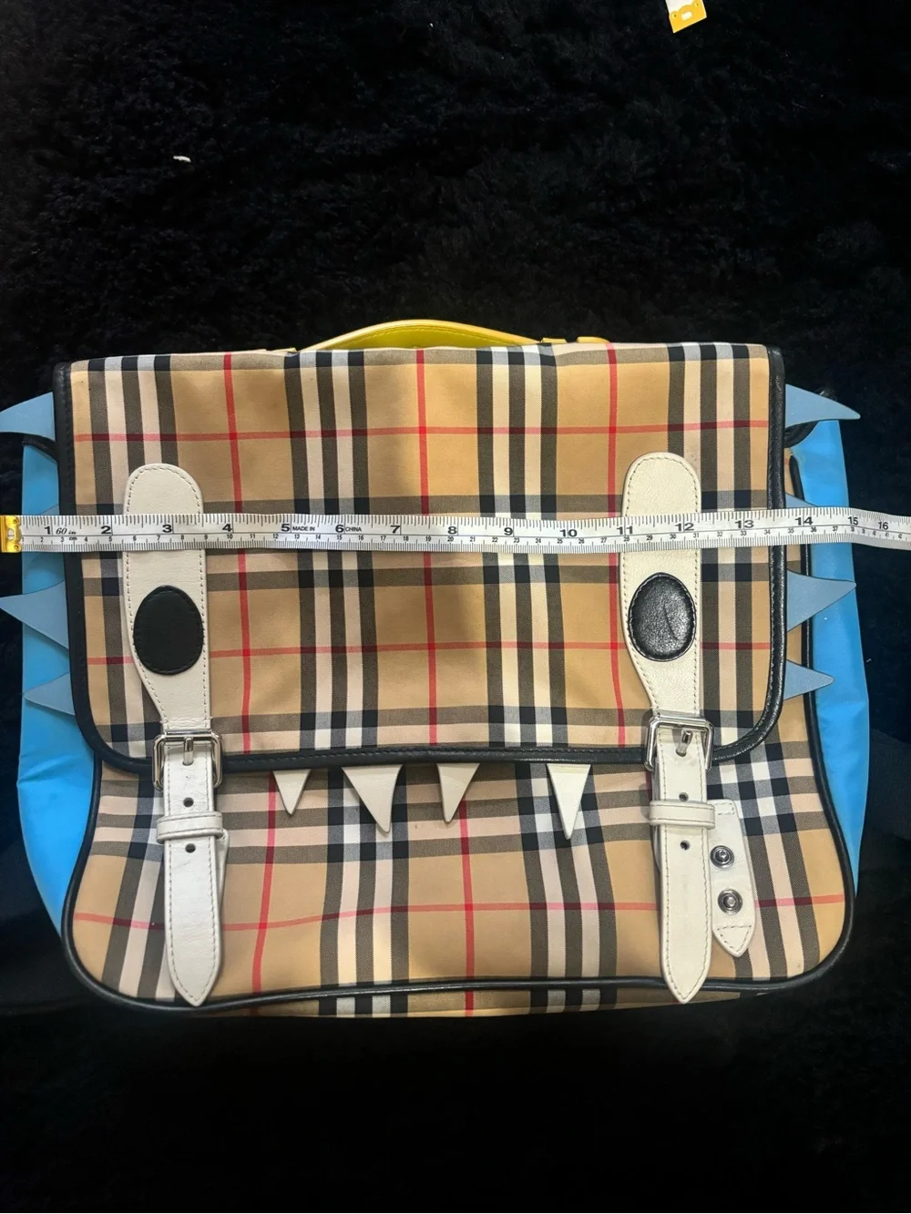 Burberry Beige Plaid Kids Messenger Bag with White Trim and Blue Sides